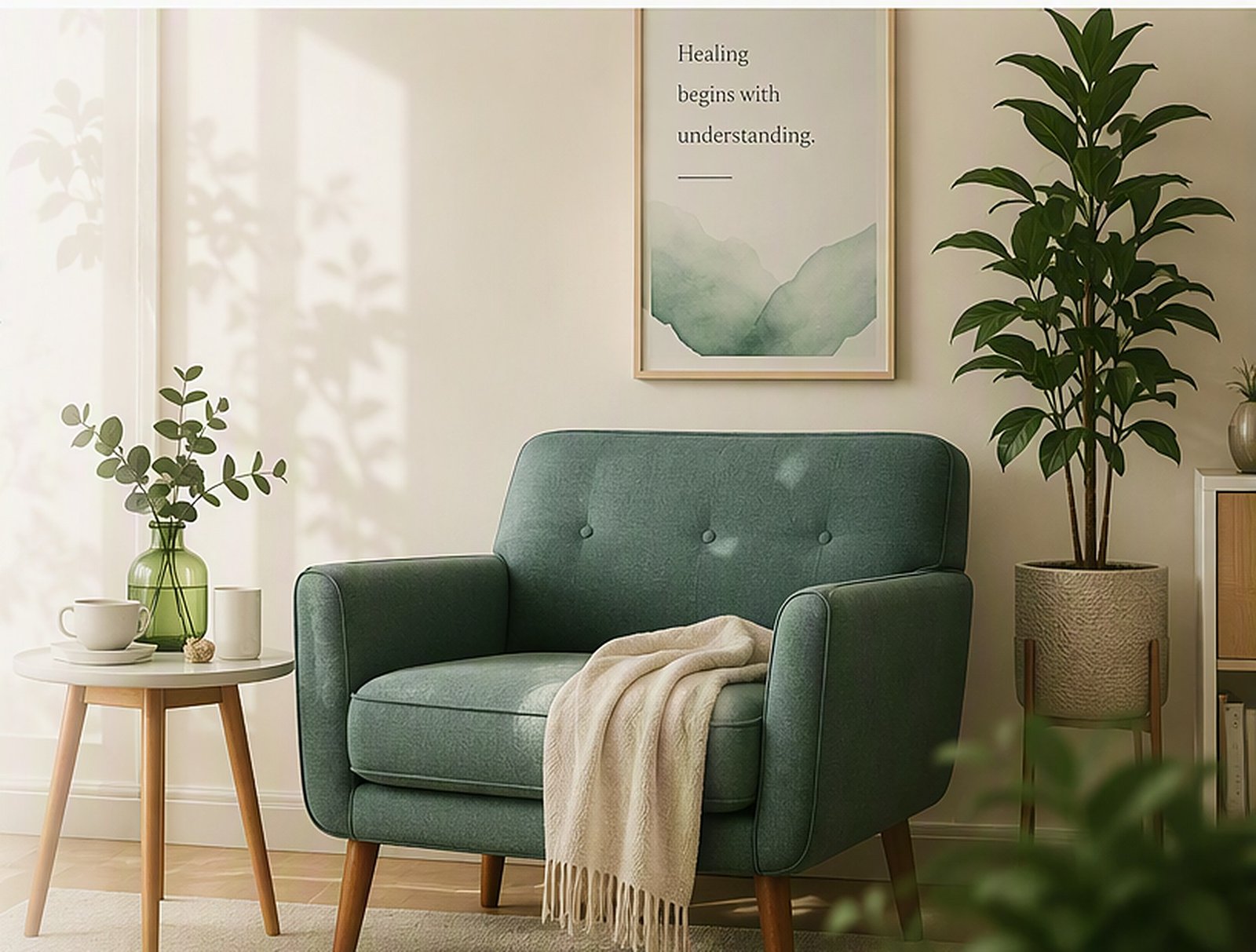 Calming therapy office with armchair and plants